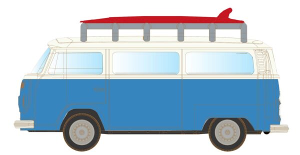 VW T2 Bus mit Surfbrett, blau/weiß