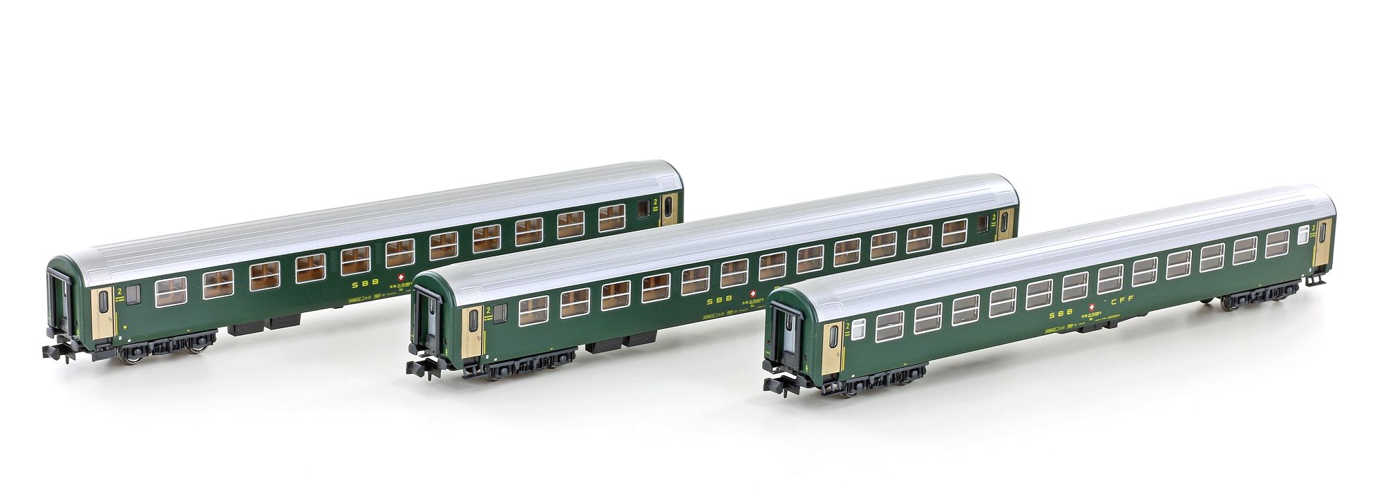 Set of 3 RIC passenger coaches Bm, 2nd class SBB, Ep.IV