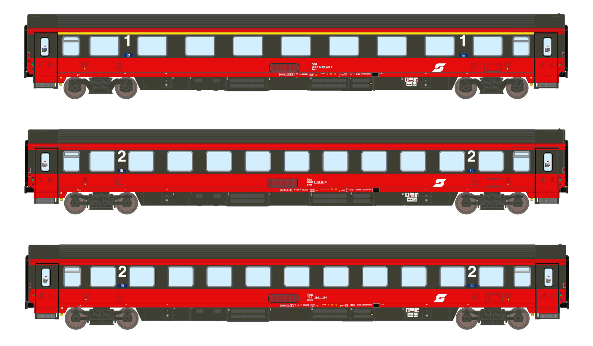 Set of 3 passenger coaches Amz+2xBmz ÖBB, Ep.V, EC 64