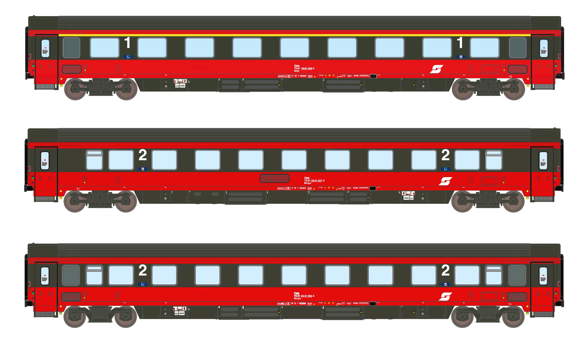 Set of 3 passenger coaches Amz+2xBmpz ÖBB, Ep.V, EC 64