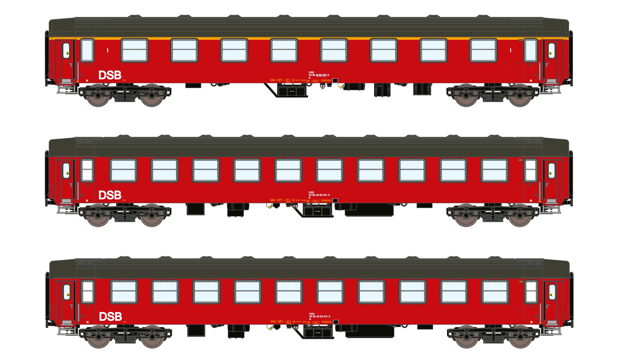 Set of 3 passenger coaches UIC-Y, A+B+B DSB, Ep.IV