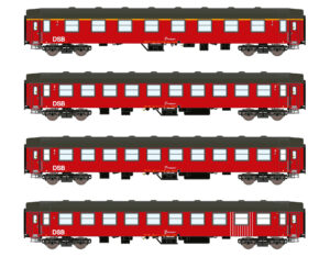 Set of 4 passenger coaches UIC-Y, A+B+B+Bk DSB, Ep.IV