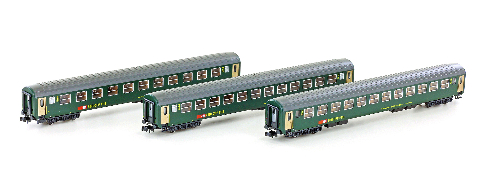 Set of 3 RIC passenger coaches Bm, 2nd class SBB, Ep.IV-V