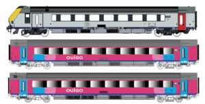 Set of 3 passenger coaches I11 w. OUIGO driving trailer, Ep.VI, AC