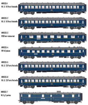 Set of 7 CIWL passenger coaches, Ep.III, Le Train Bleu, interior car.