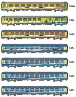 Set of 7 passenger coaches VTU SNCF, Ep.VI, TEOZ, interior car.